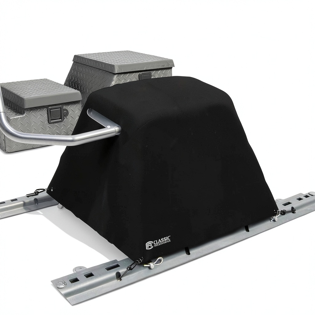 Installing Classic Accessories 15K 5th Wheel Hitch Cover on a wooden garage floor