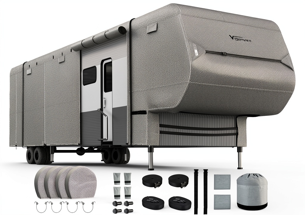Vigorvan travel trailer cover being installed on a fifth‑wheel RV