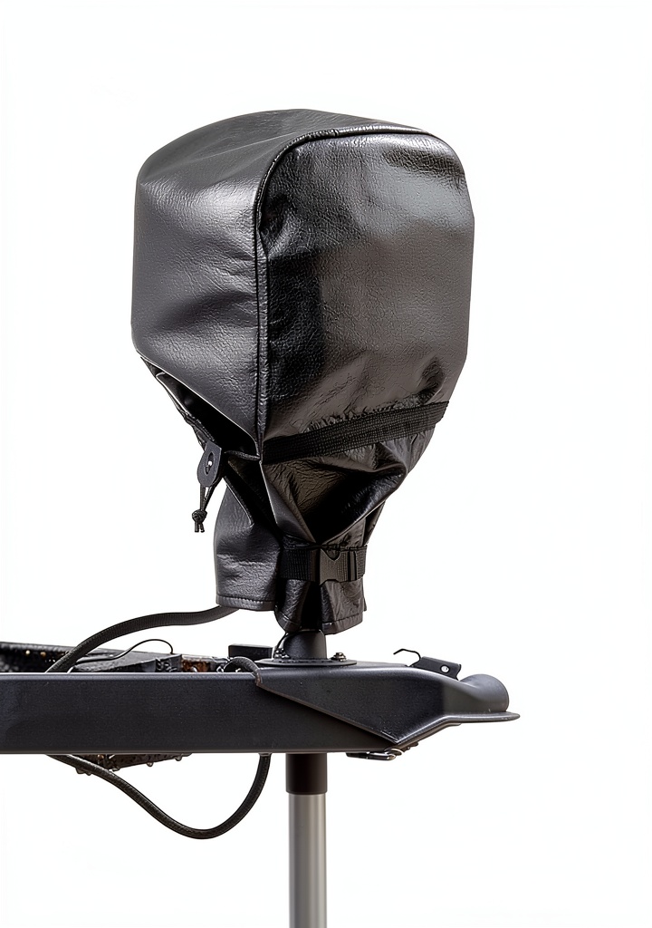 Electric tongue jack cover protecting a jack on an RV trailer